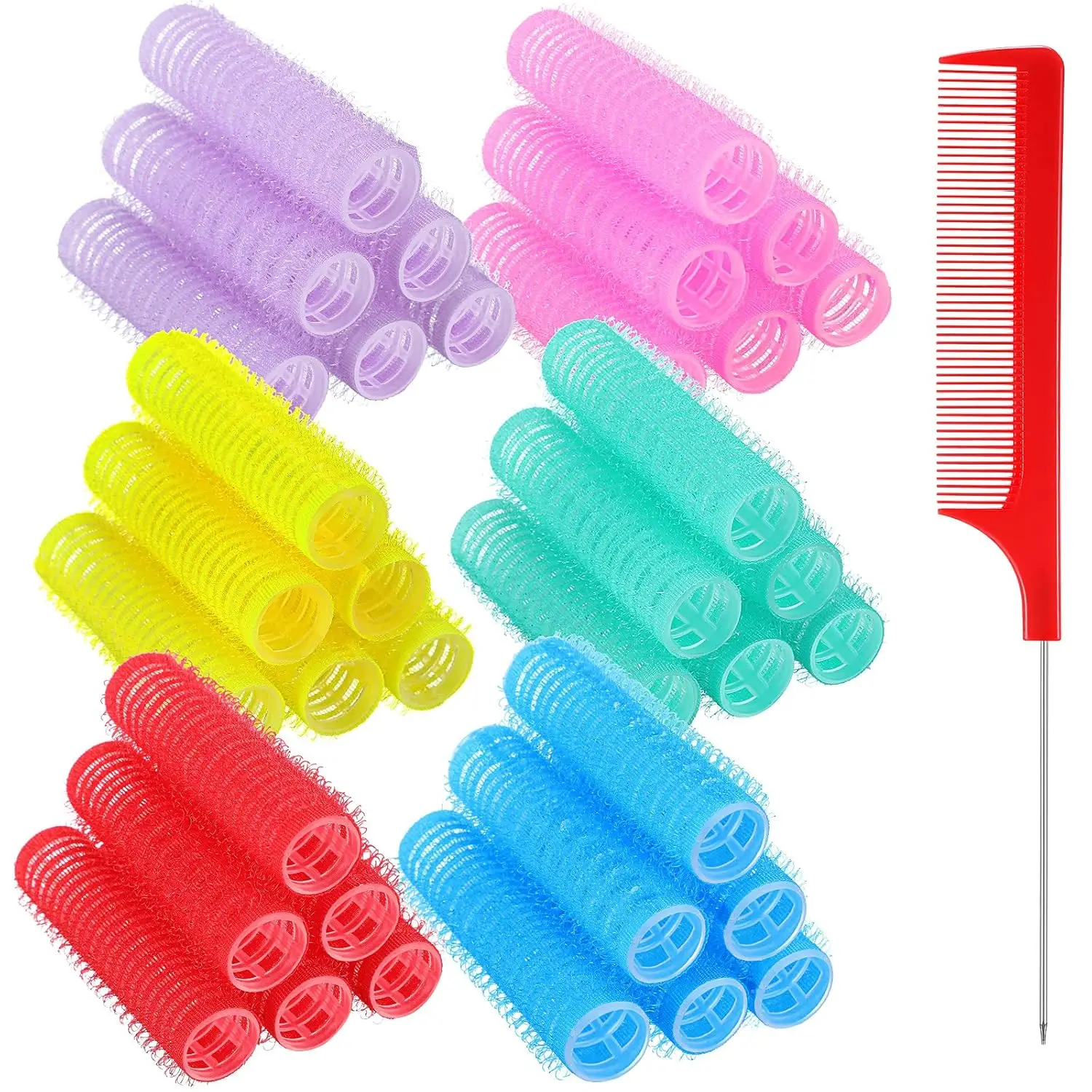 

36-Piece Nylon Hair Rollers Set with Comb, Self-Grip Curlers for Women in Classic Colors
