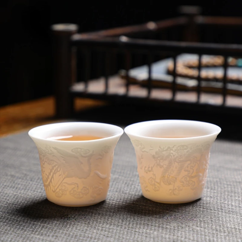 White porcelain gaiwan Ceramic Dragon and Phoenix Presentation Handmade double-sided Kung Fu Drinkware 160ml