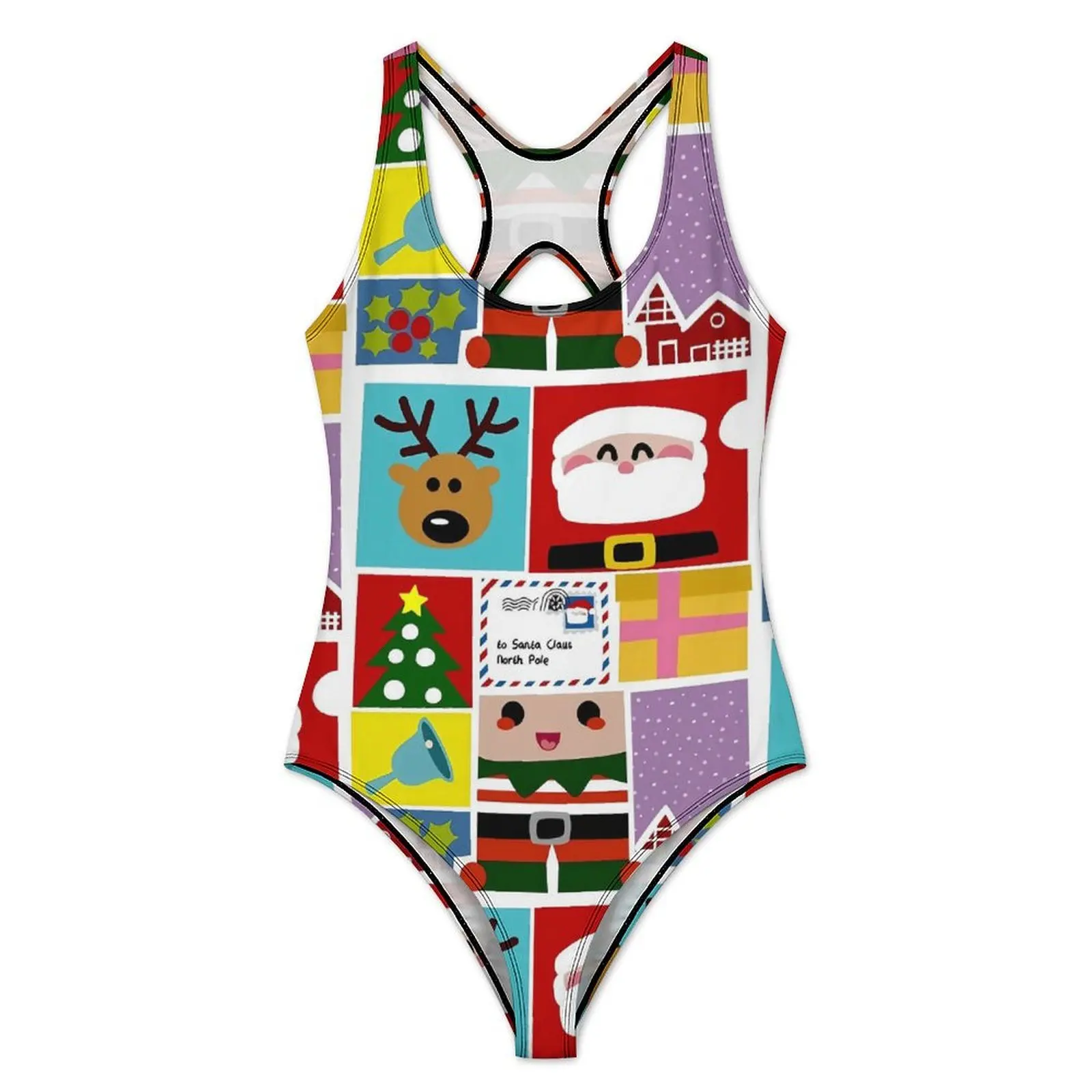 Christmas Swimsuit Xmas Patchwrok Swimwear One Piece Holiday Surf Swimsuits High Cut Bathing Suits Women Push Up Sexy Beach Wear