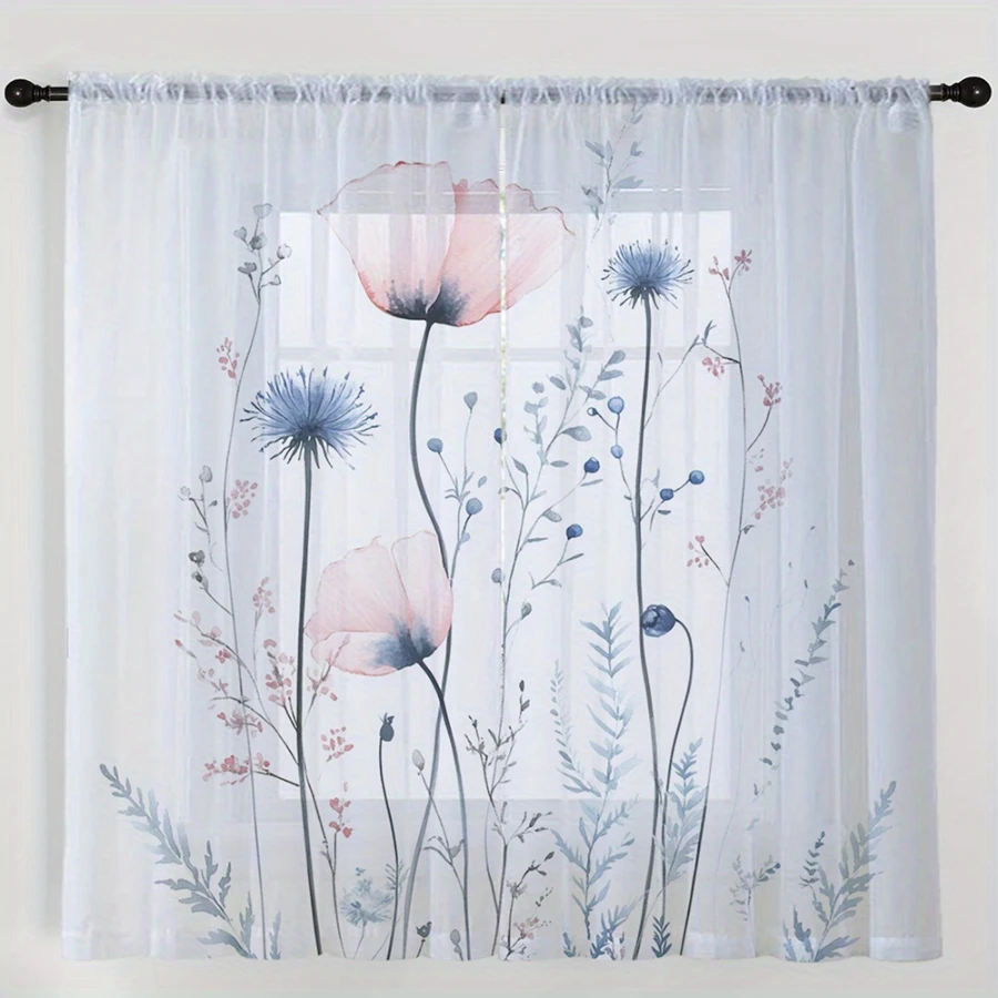 2 rideaux transparents à impression numérique, fleurs de pavot rose et bleues, motif floral aquarelle rêveuse pour chambre à coucher, salon, décoration intérieure