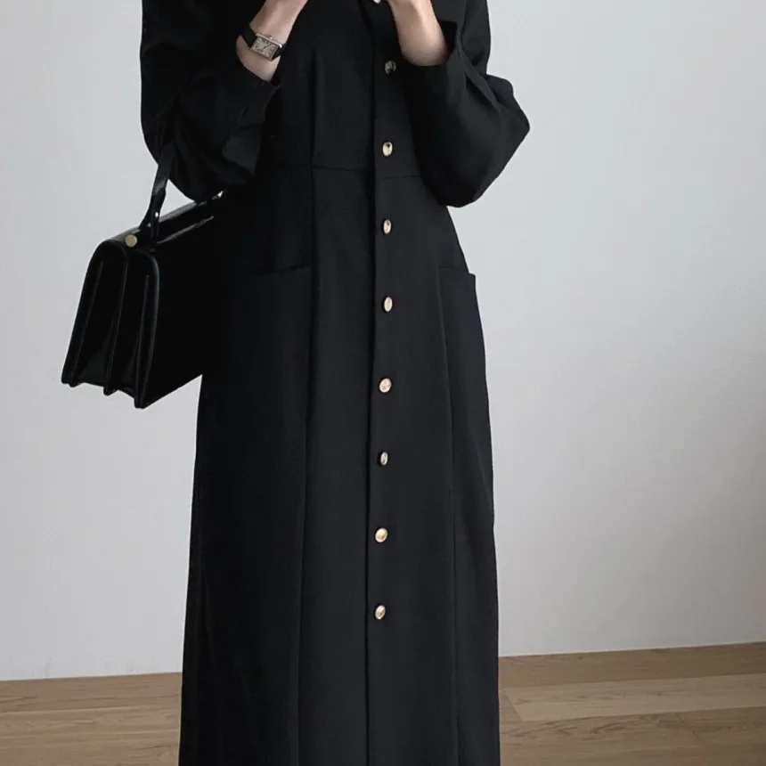 Chic Slimming Bubble Sleeve Midi Dress Single Button Women's Fashion Commute Style Long Sleeve High Collar H-Shape Dress