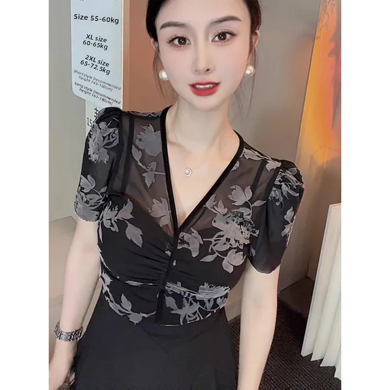 

Bla V-Ne Me ort Sve T-irt Women's Summer Faion Slimming Top Retro f Sve Lace irt Korean Sle Commute