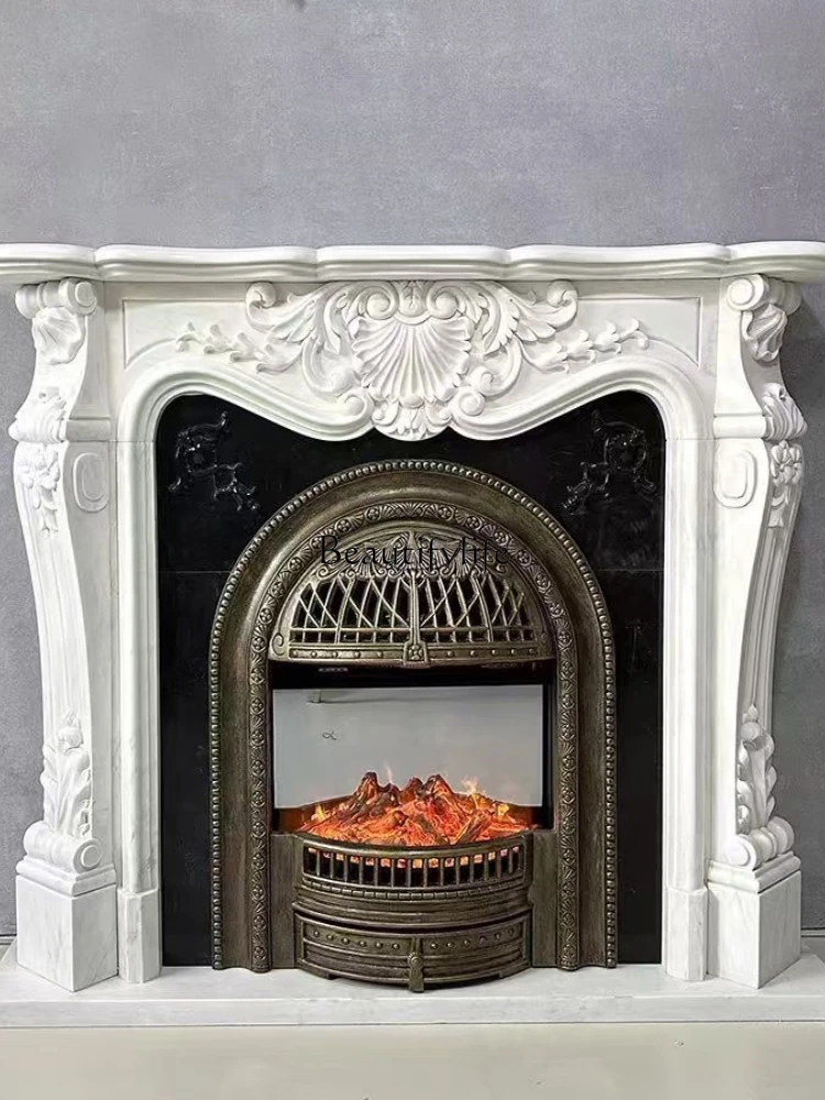 French retro full solid wood carving flower fireplace cabinet simulation fire decoration cabinet, integrated