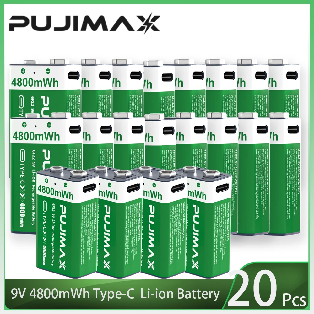 PUJIMAX USB 9V Oplaadbare Batterij 4800mWh Type-C Oplaadbare 6F22 9V Li-ion Batterij voor RC Helicopeter Model Multimeter Speelgoed