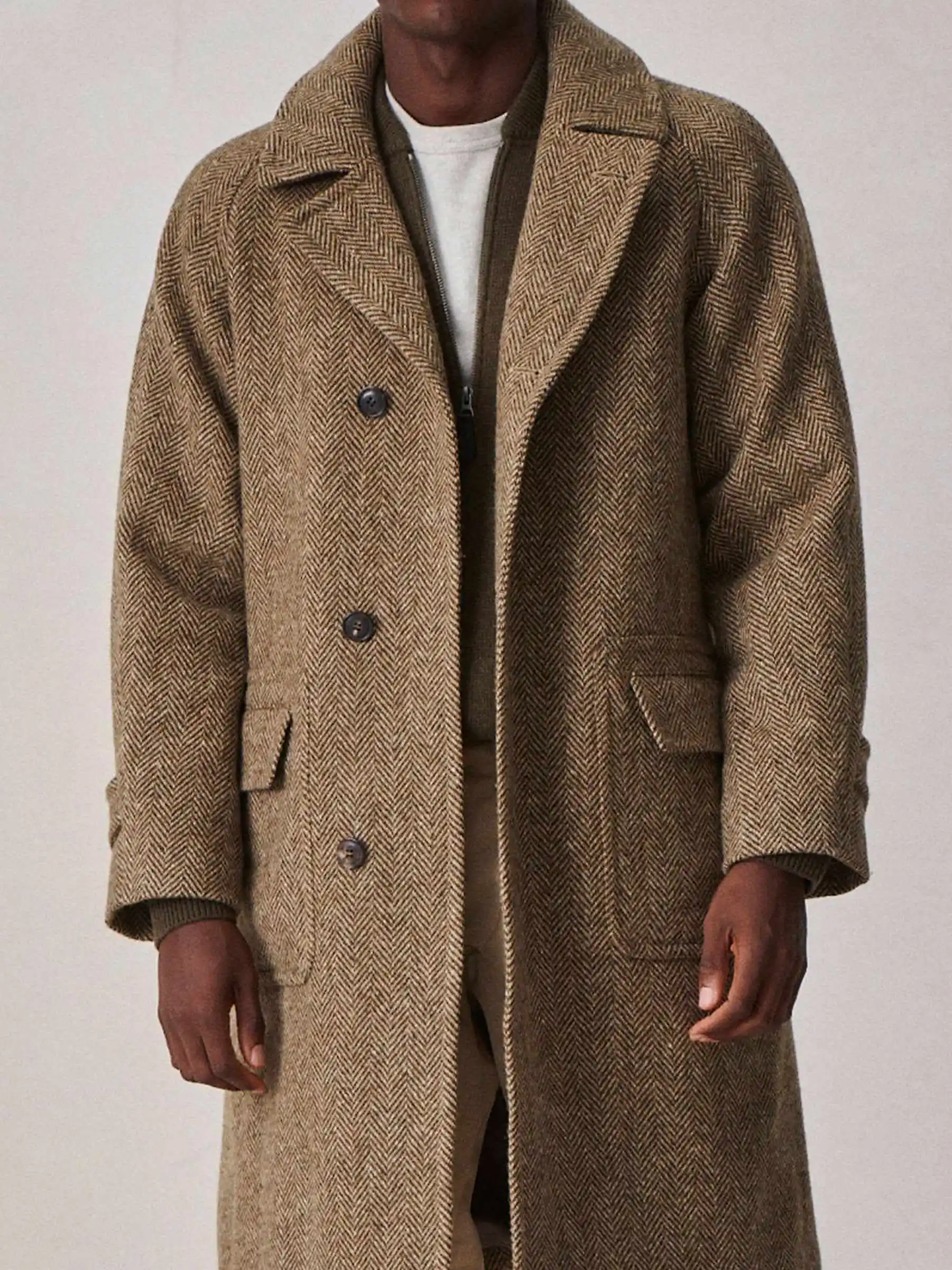 Simple Men Long Coat  Wool Blends Herringbone Notched Lapel Trench Coats Double Breasted Warm Business Blazers Customized