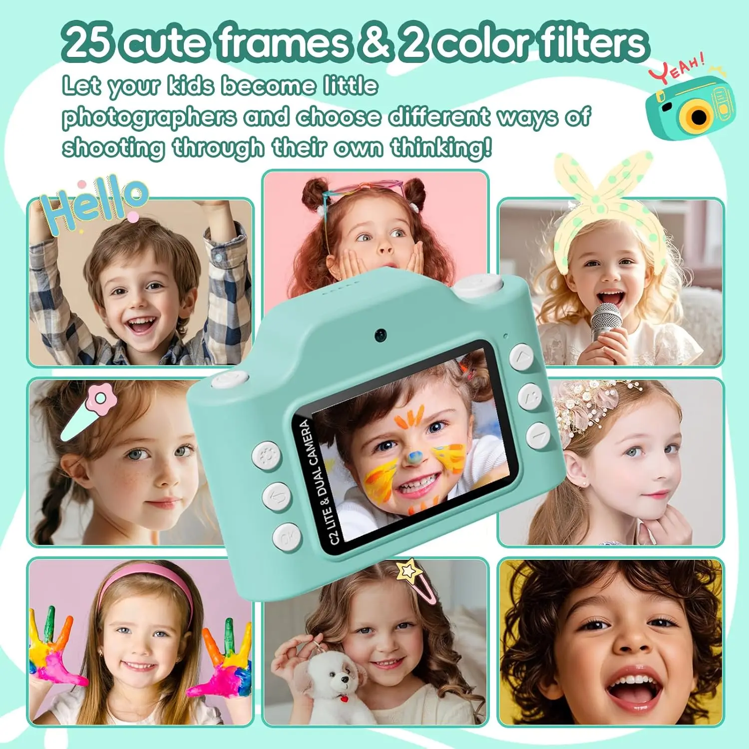 Câmera infantil de dinossauro, câmera sem jogo para crianças de 3 a 9 anos, lente dupla de 32MP e vídeo HD 1080P, câmera digital para crianças pequenas