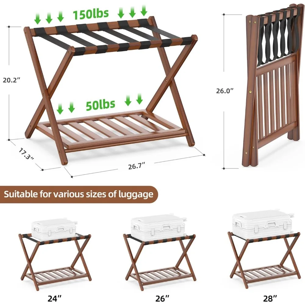 2-Pack Bamboo Luggage Rack with Storage Shelf, Foldable Suitcase Stand for Bedroom and Hotel Use