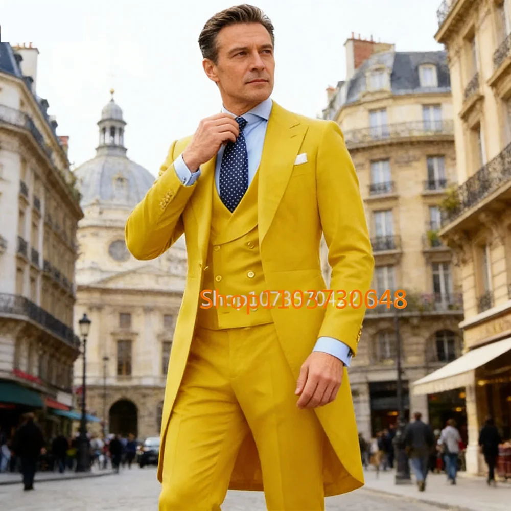 

3 Piece Long Formal Men's Suit for Wedding Solid Color Smoking Suit for Graduation Dance Matching Outfit Set