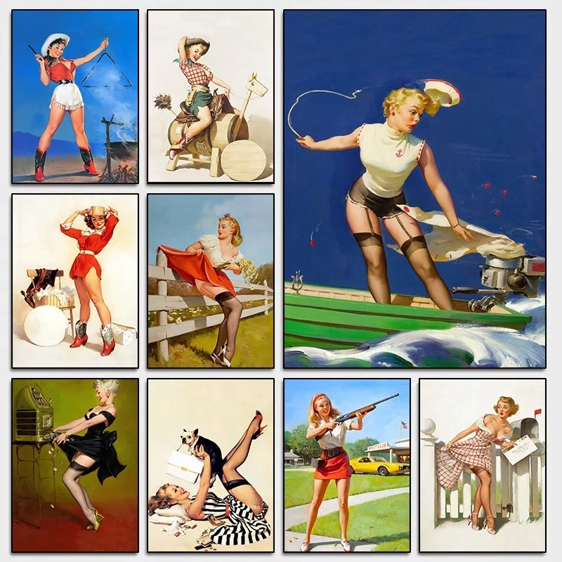 PinUp-arte de pared de vaquera, impresión en lienzo occidental Retro, decoración Americana Vintage para sala de estar, Rancho, galería de casa, decoración de pared, regalo