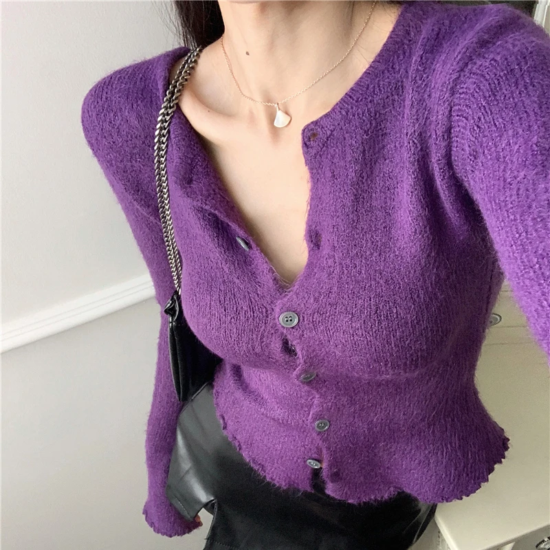 New Imitation Mink Knitted Cardigan Sexy Purple Knitted Tight Irregular Cardigan Long-sleeve Single Breasted Sweater Coat Tops