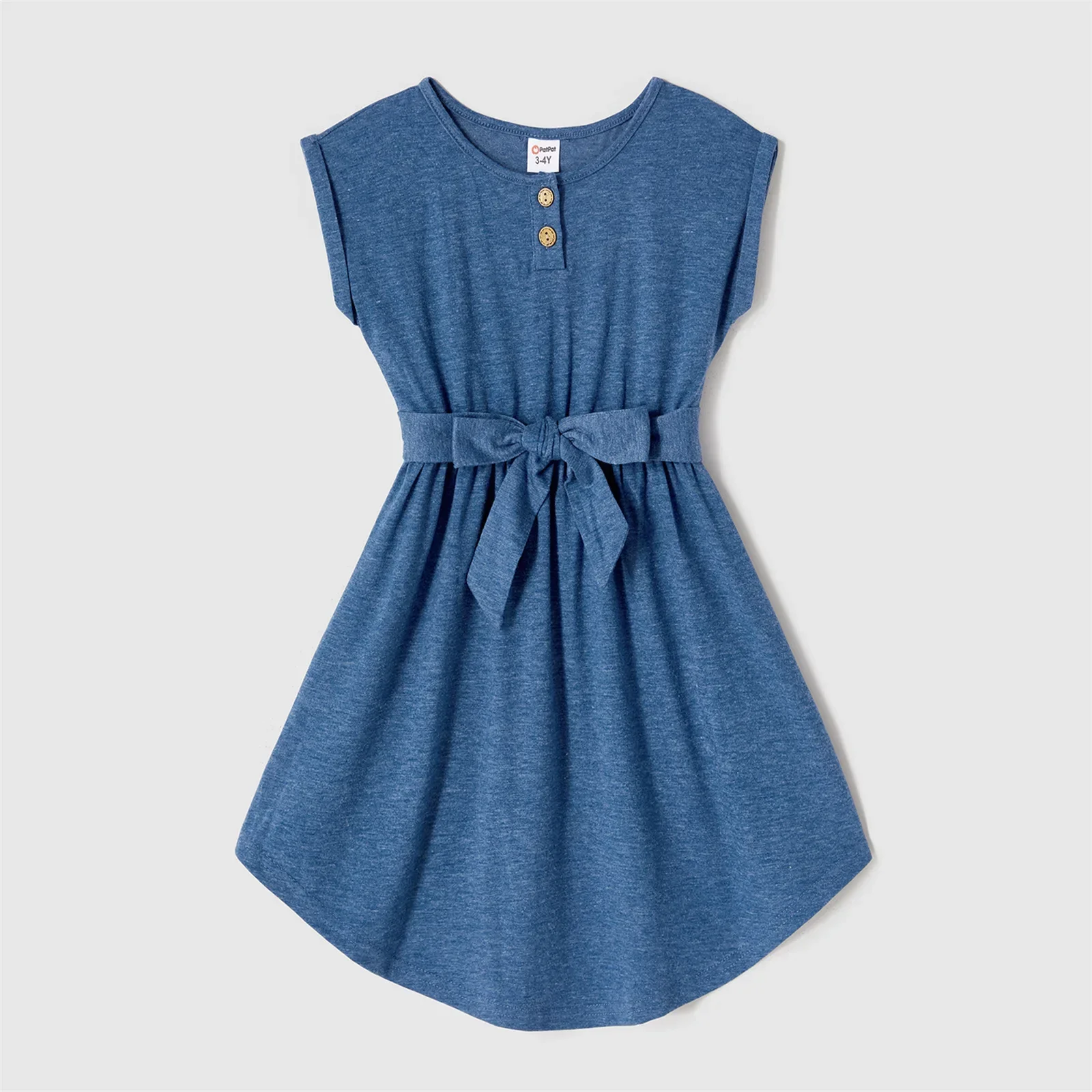 PatPat Family Matching Outfits Blue Cap-sleeve Belted Midi Dresses and Short-sleeve Striped Spliced T-shirts Family Looks Sets