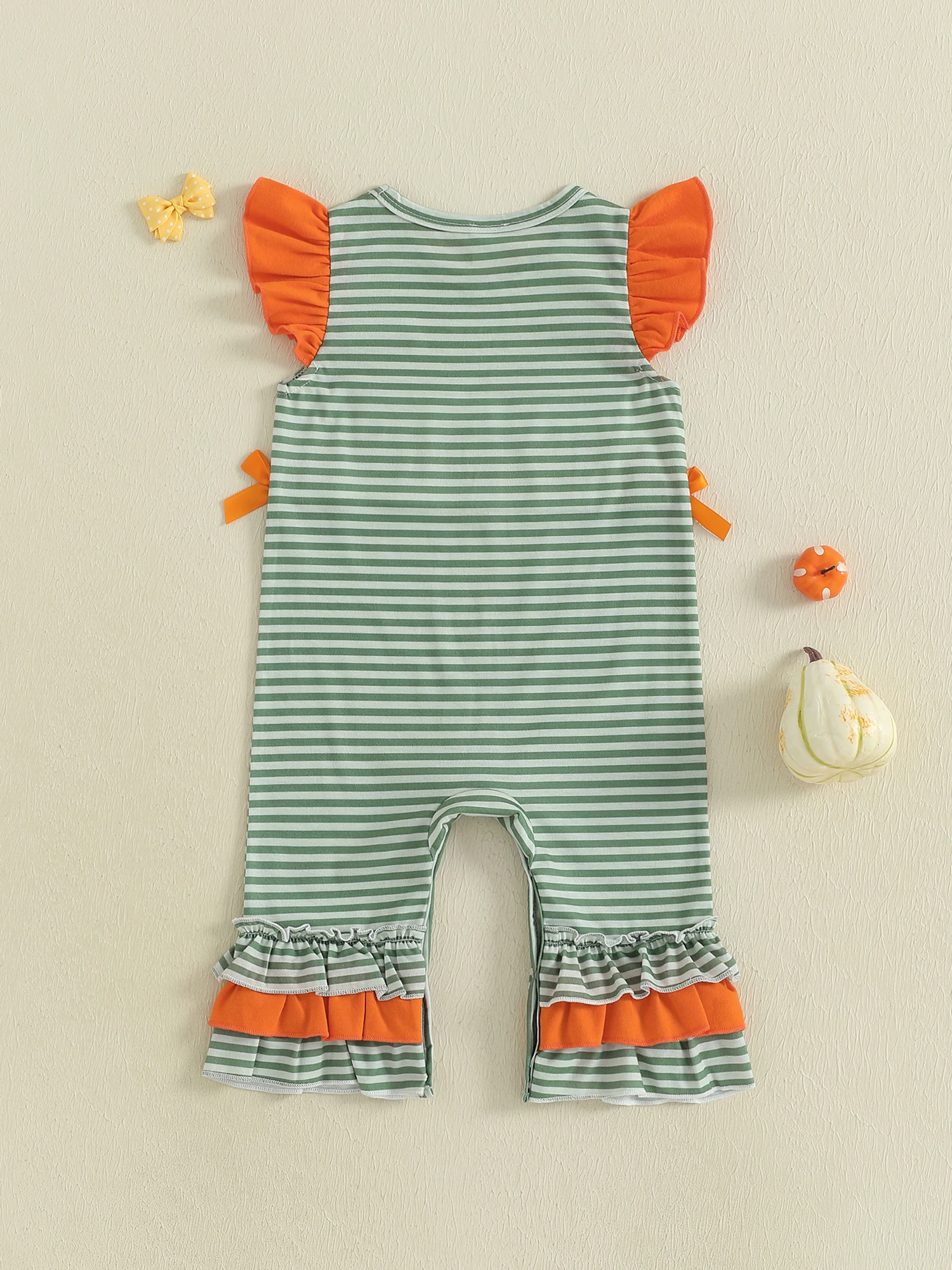 

Adorable Infant Halloween Costume Pumpkin Patch Striped Romper with Flutter Sleeves for Baby Girl Toddler Outfit