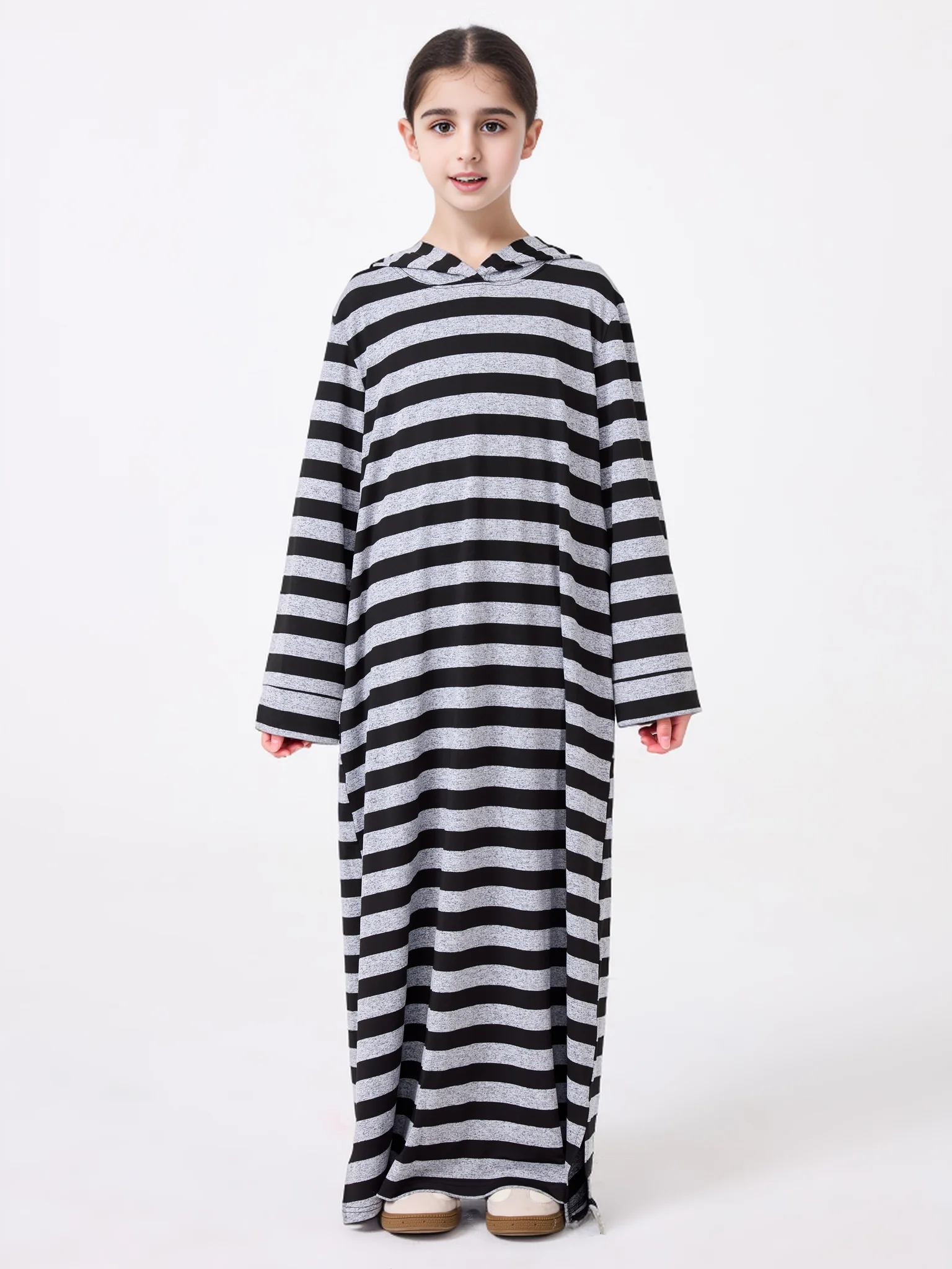 Middle Eastern Muslim Kids Abaya Girl Dress With Striped V-neck Hood