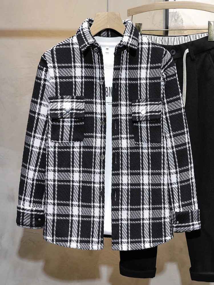 

Spring Autumn Plaid Jaet Men's Loose Sle Casual irt Upper Body Faion Brand High Sense Cool Looking Spring Faion
