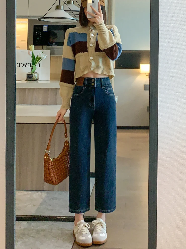 

Джинсы женские с высокой талией, стройнящие, прямые, из эластичного хлопкового денима, весна-осень 2024, новинка, длина 7/8