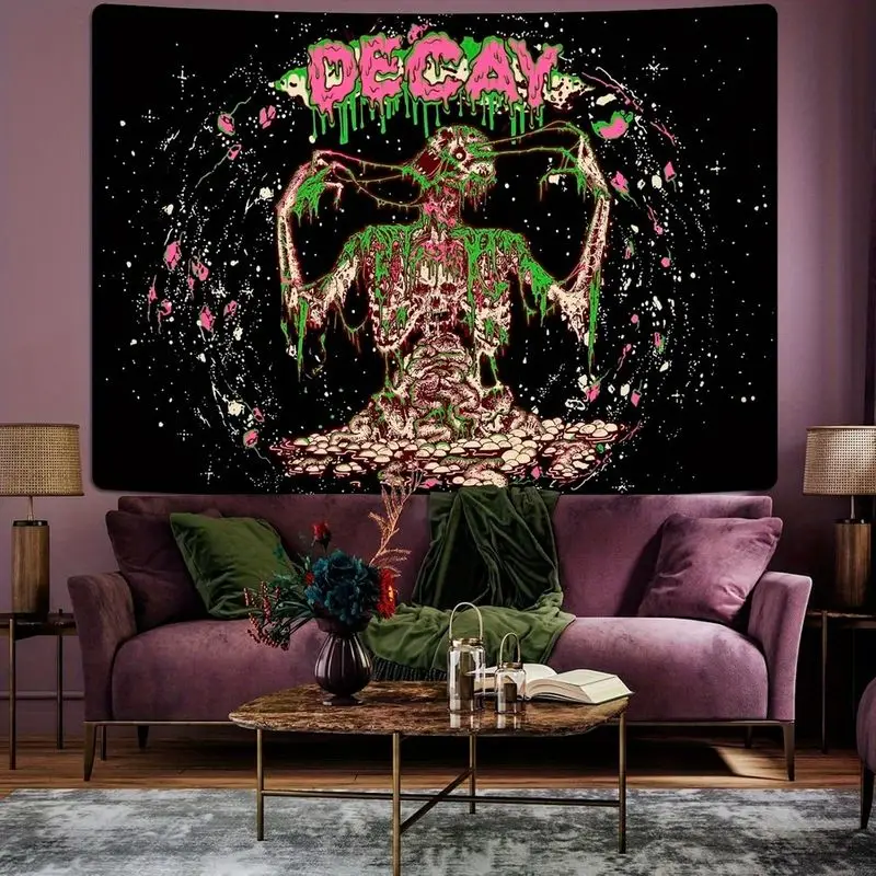 VIKAMA Dark Gothic Skeleton Tapestry Horror Demon Figure Pink Green Dripping Graffiti Black Wall Hanging Dark Art Wall Decor