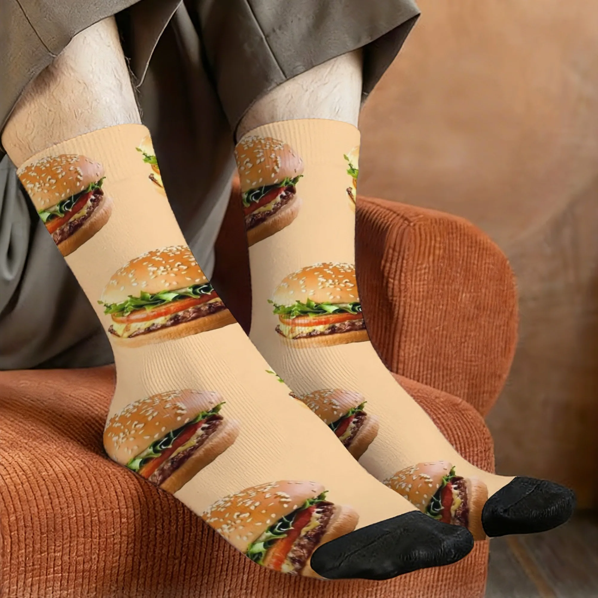 

Novel and Fun Beige Hamburger Print Mid-calf Socks Realistic Hamburger Design Comforting Fast Food Vibe for Daily Casual Wear