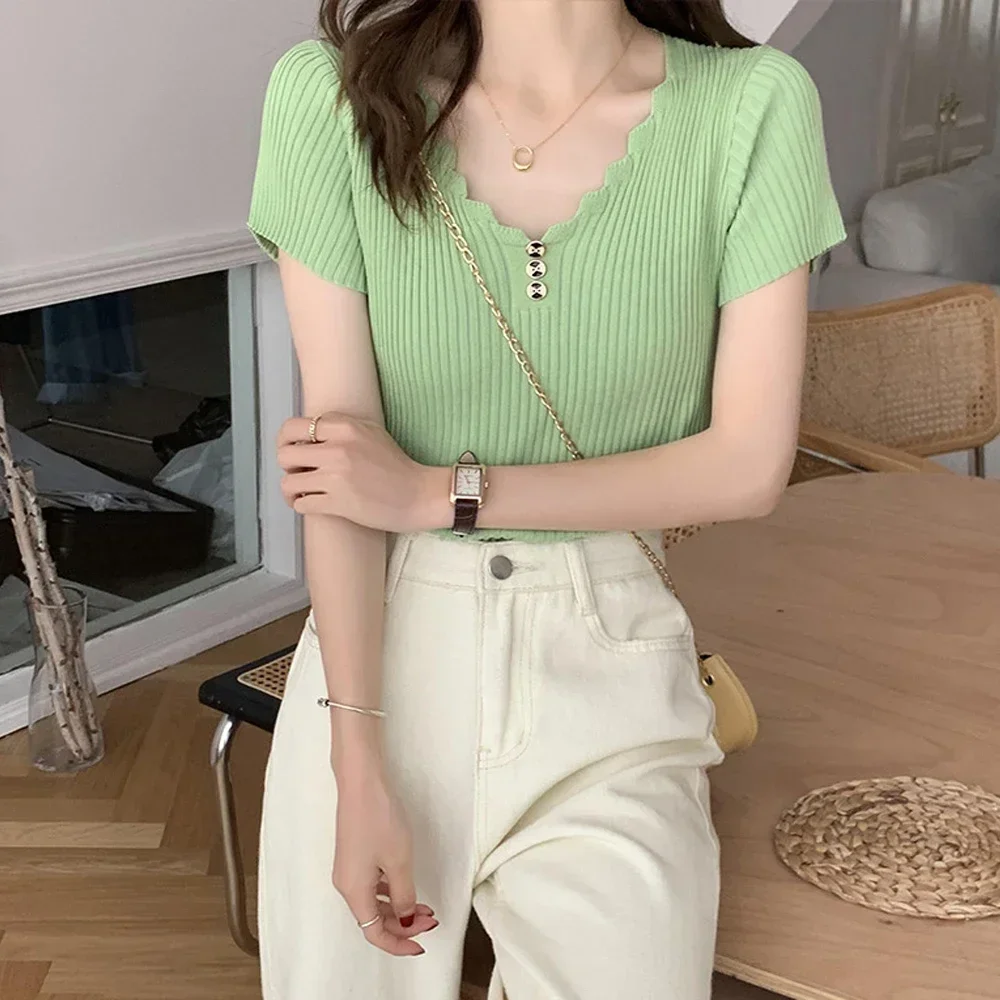 Casual Solid Short Sleeved Shirt Knit T Shirt S-2XL Orange Yellow Green Blue Flower Collar T-Shirt for Women Blouse A RAN A YUE