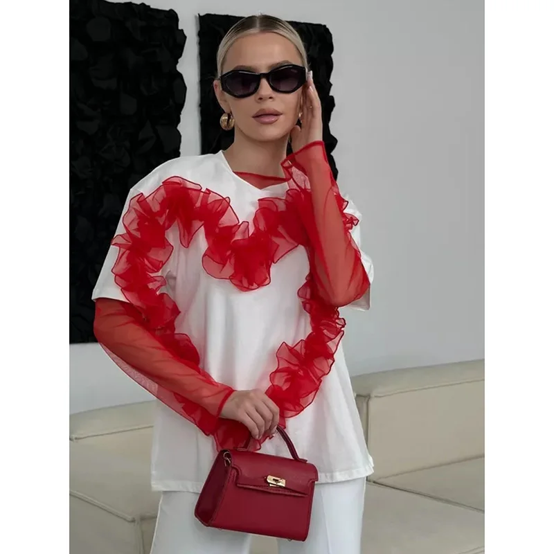 Women's Heart-shaped Organza Pleated Splicing T-shirt With Round Neck And Loose Fit Comfortable To Wear