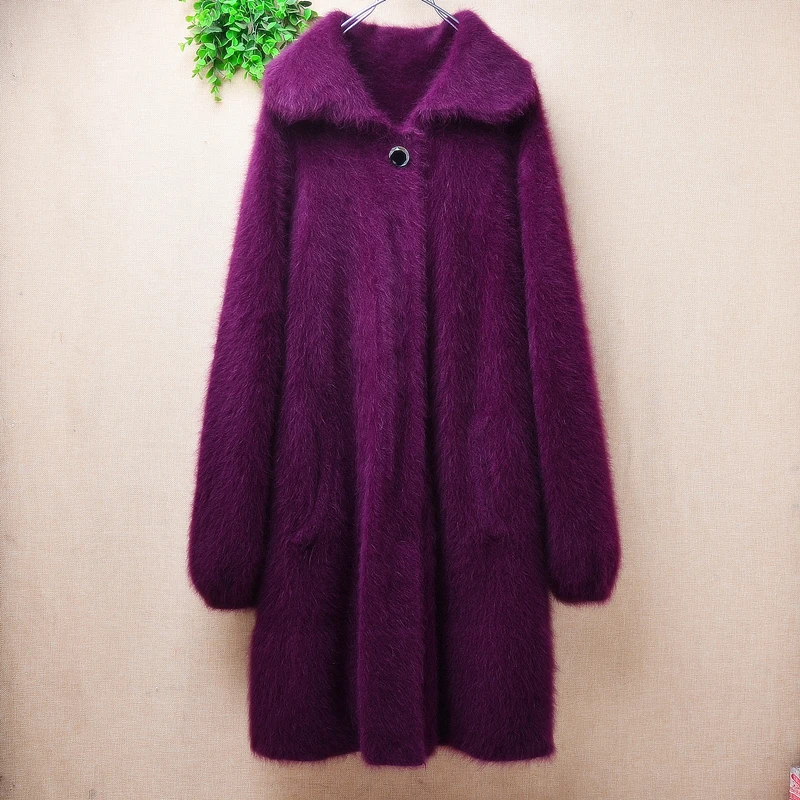 

Ladies Women Fall Winter Fashion Purple Hairy Mink Cashmere Knitted Long Sleeves Turn-Down Neck Loose Long Sweater Cardigan Coat