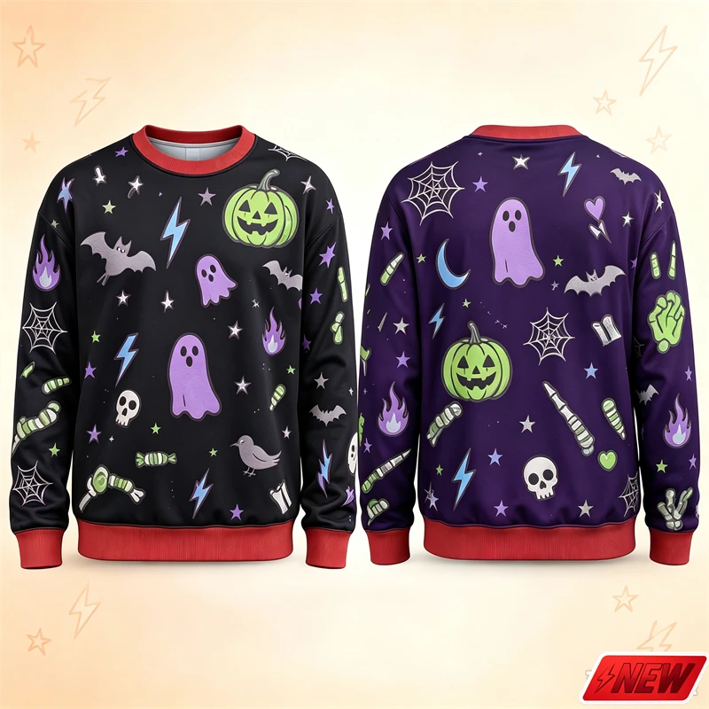 Halloween Men Crew Neck Sweatshirt Cute 3d Print Cartoon Pumpkin Ghost Skull Candy Pattern Long Sleeve Pullover Hoodie Unisex
