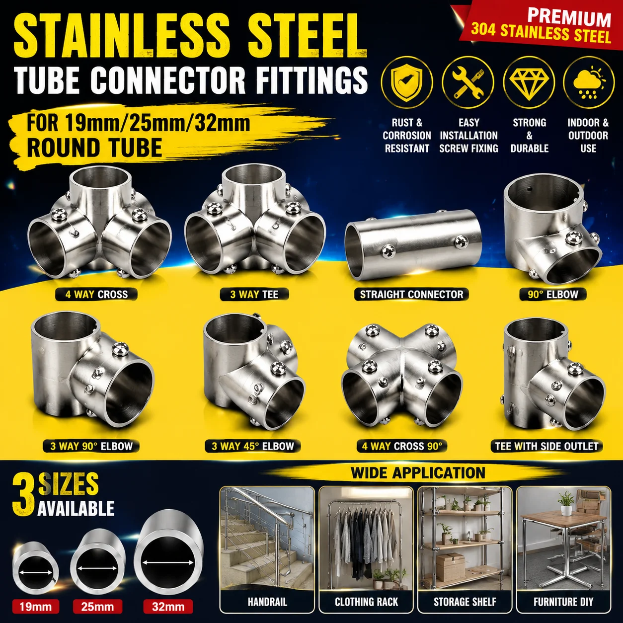 New Tee Straight Elbow Pipe Connector Stainless Steel 2/3/4/5/6 Way Pipe Fittings 19/25/32mm Tube Joint Furniture Hardware