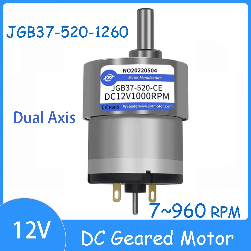 

JGB37-520-1260 12V Dual Axis Motor Micro DC Geared Motor 7~960 RPM Power 3.6W Speed Control High speed Small Motor