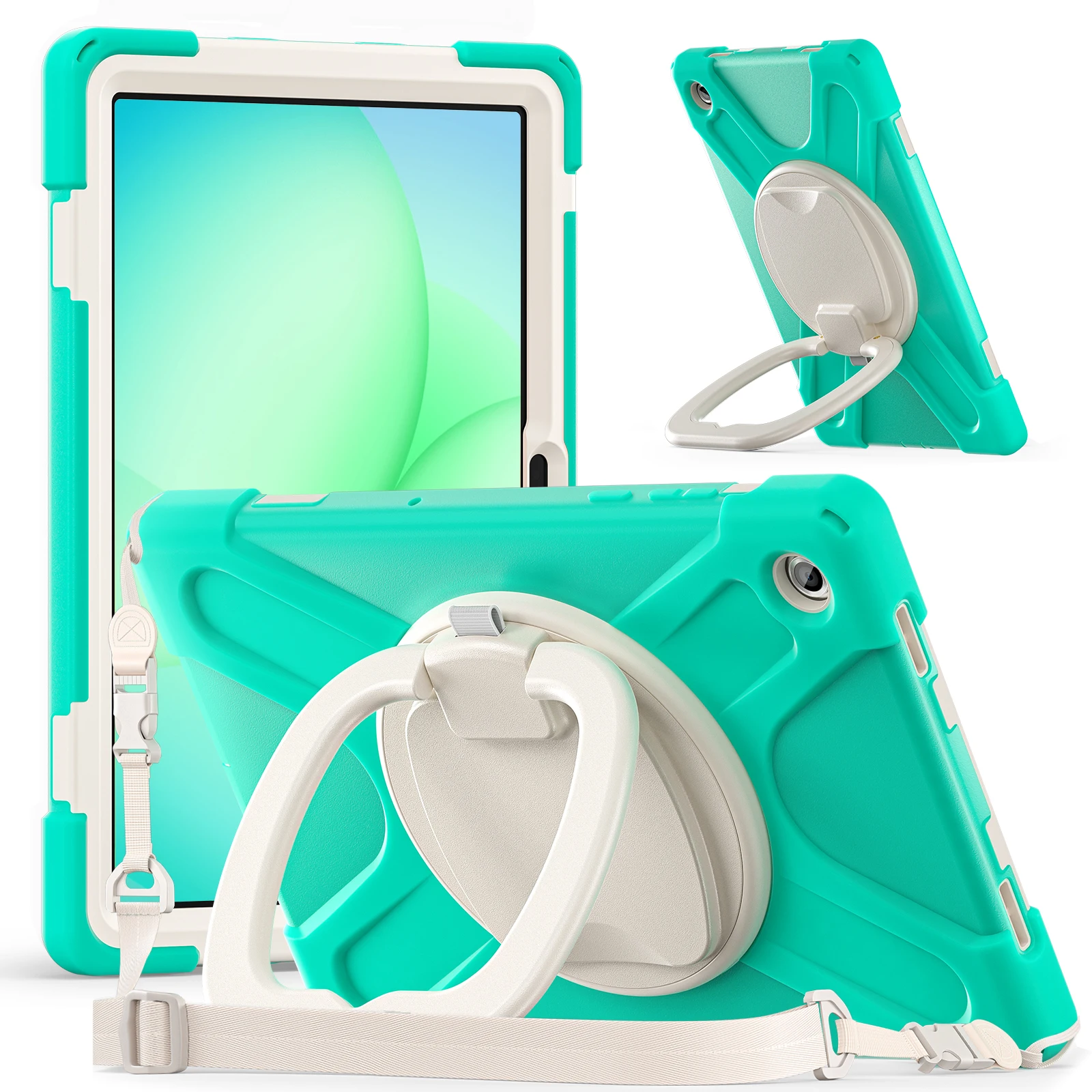 For Samsung  Galaxy Tab A11+ Kickstand Case with Shoulder Strap TPU + PC + Silicone Tablet Cover - Mint Green