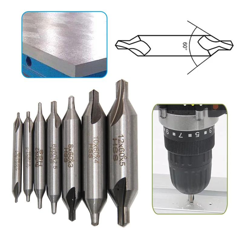 7Pcs HSS Center Drill Bit Set 1-5mm Type A Combined Center Drills Fully Ground Spiral Flute Metalworking Spotting Tools