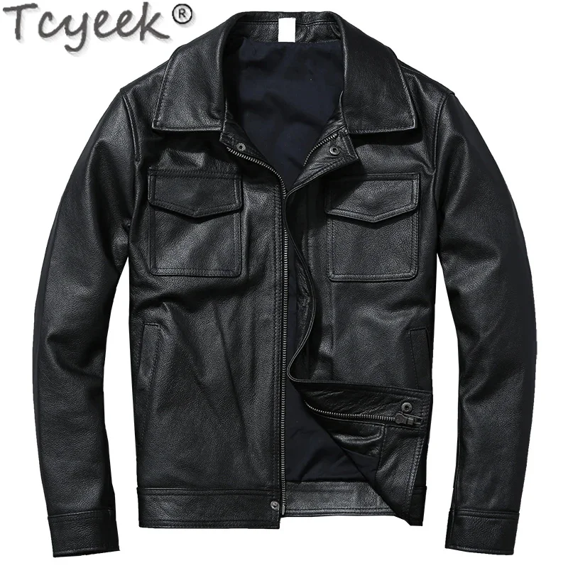 

Cowhide Tcyeek Genuine Leather Men Clothing Trendy Motorcycle Men's Jacket Safaried Black Short Coats Jaqueta Masculina