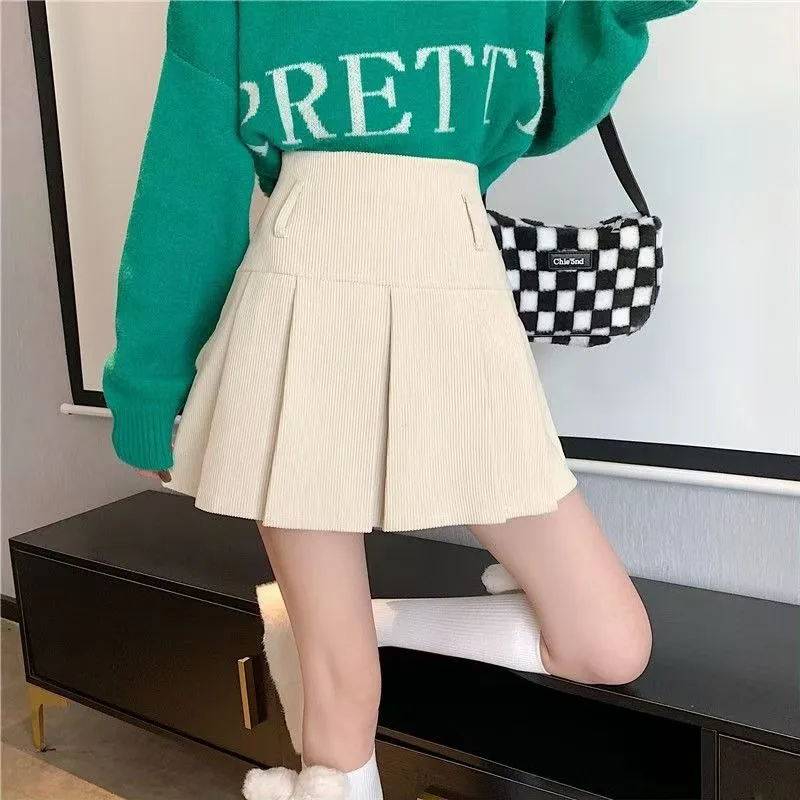 2023 Women Korean High Waist Y2K Pleated Skirts Harajuku Kawaii Fashion Striped Khaki Mini Skirt Summer Solid Aesthetic Outfit