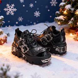 Men and Women Vintage Rock Couple Shoes 2024 New Dark Punk Leather Retro Boots Metal Niche Design Unisex Single Platform Shoes