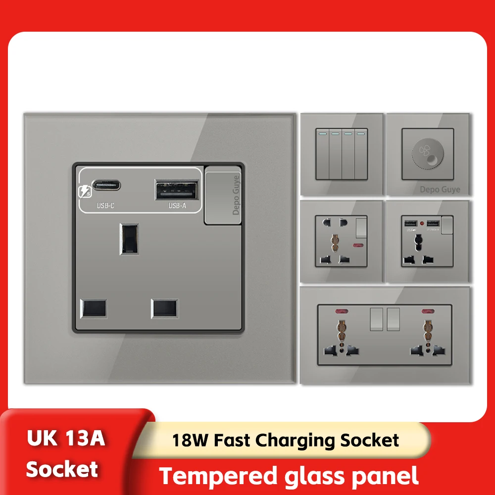 

Серая розетка UK 13A из закаленного стекла с USB Type-C 18W для быстрой зарядки, двойная универсальная розетка, панель электрических выключателей для дома