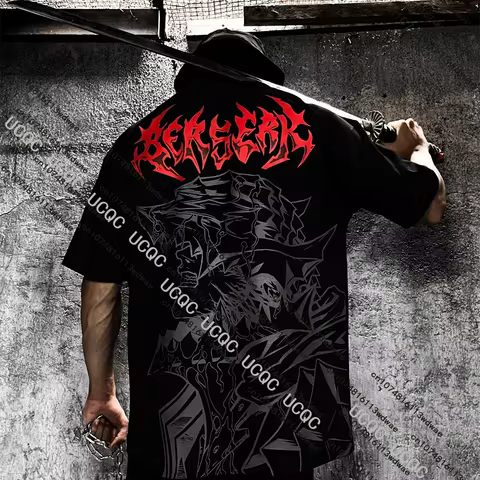 Berserk Flame Skull Printed Oversized Men'sT-Shirt Trendy Street Halloween Graphic Sports Men Gym Workout Male Gothic Punk Top