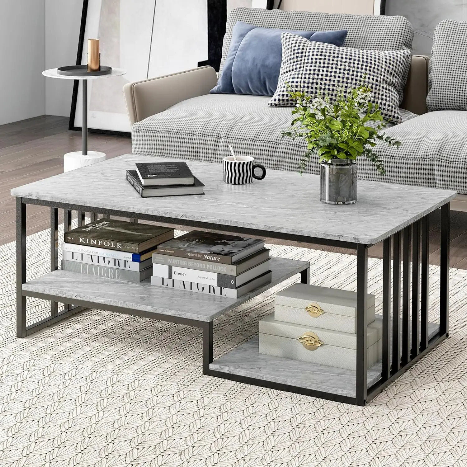 Cocktail Table with Storage, Faux Marble Texture, Metal Frame Accent Center Table for Living Room (Retro, Gray, 43 Inch)