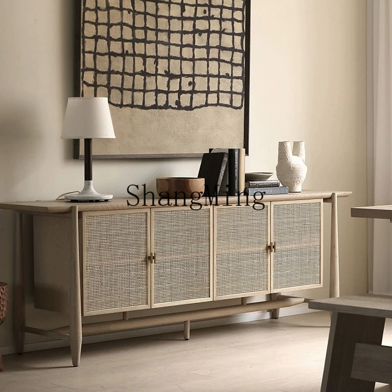 

ZYY retro solid wood dining side cabinet, living room rattan storage storage cabinet, home modern and simple