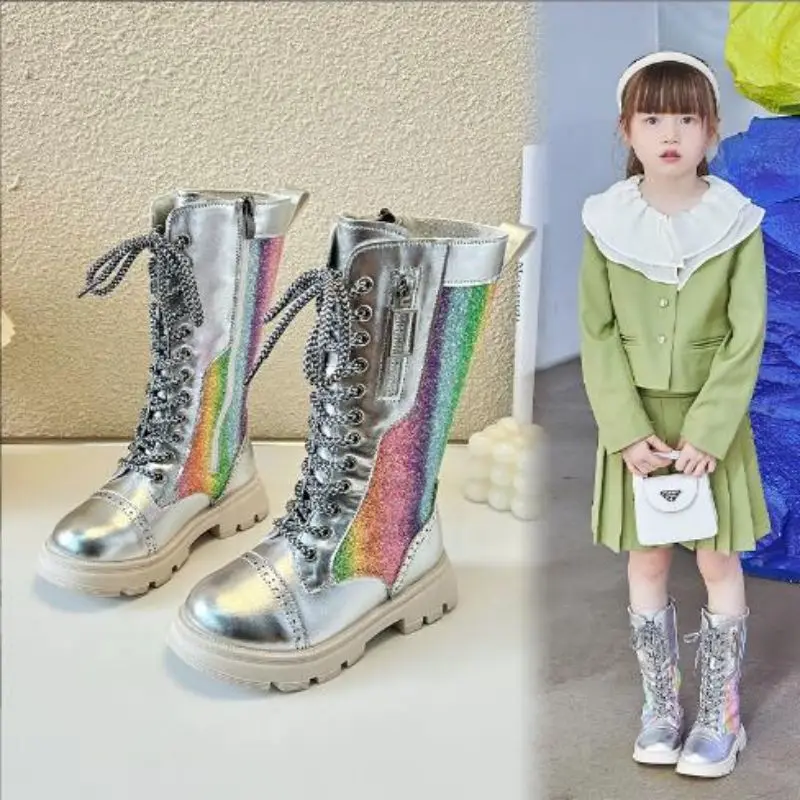 

Girls' Boots 2024 Autumn/Winter New Children's High Sleeve Boots Little Girls' Plush Colorful Gradient High Sleeve Leather Boots