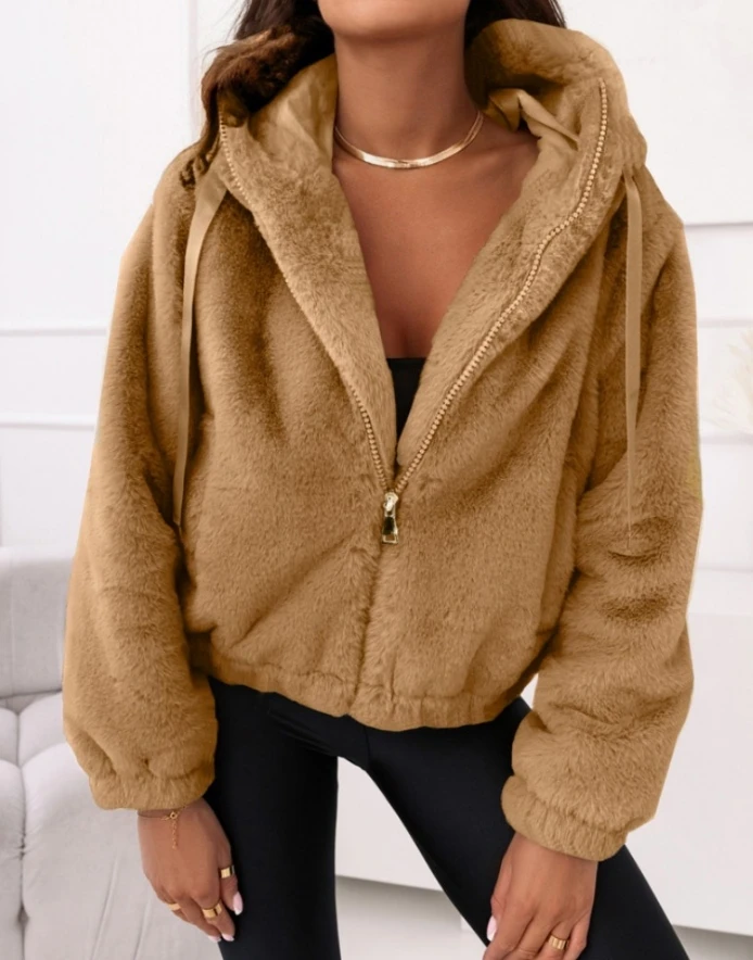 Fuzzy Thermal Teddy Jackets Women Faux Fur Coats Autumn Winter Hooded Thick Outerwear Pockets Zip Up Long Sleeve Warm Loose Coat