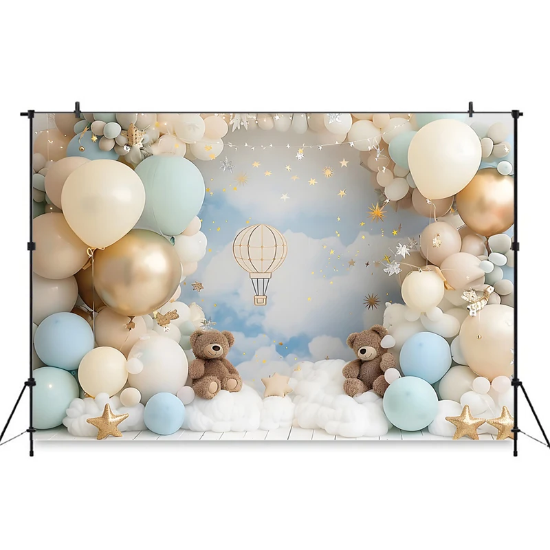 Fundo fotográfico personalizado para aniversário, chá de bebê, nuvem, urso, parede, estrelas, balão, cenário fotográfico, decorações de estúdio