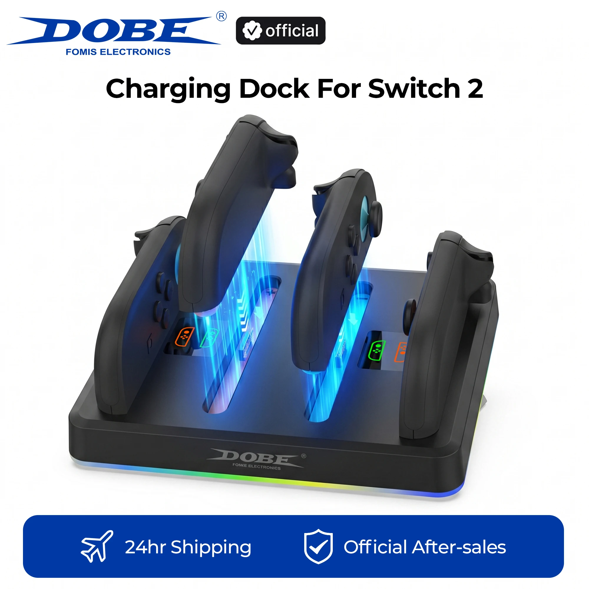 Base de Carga DOBE para Control de Switch 2 – Carga hasta 4 Controles, Soporte de Carga Magnético RGB, Compatible con N-S Joy-Pad