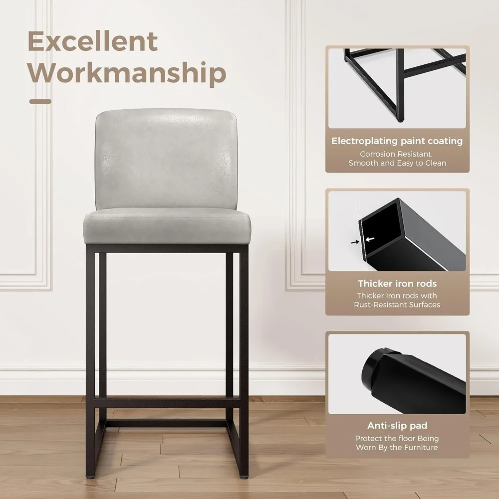 مقاعد بار من الجلد الصناعي، مقعد مرتفع بارد مع ظهر، أرجل معدنية، مسند للقدمين، كراسي بار منجدة حديثة #4
