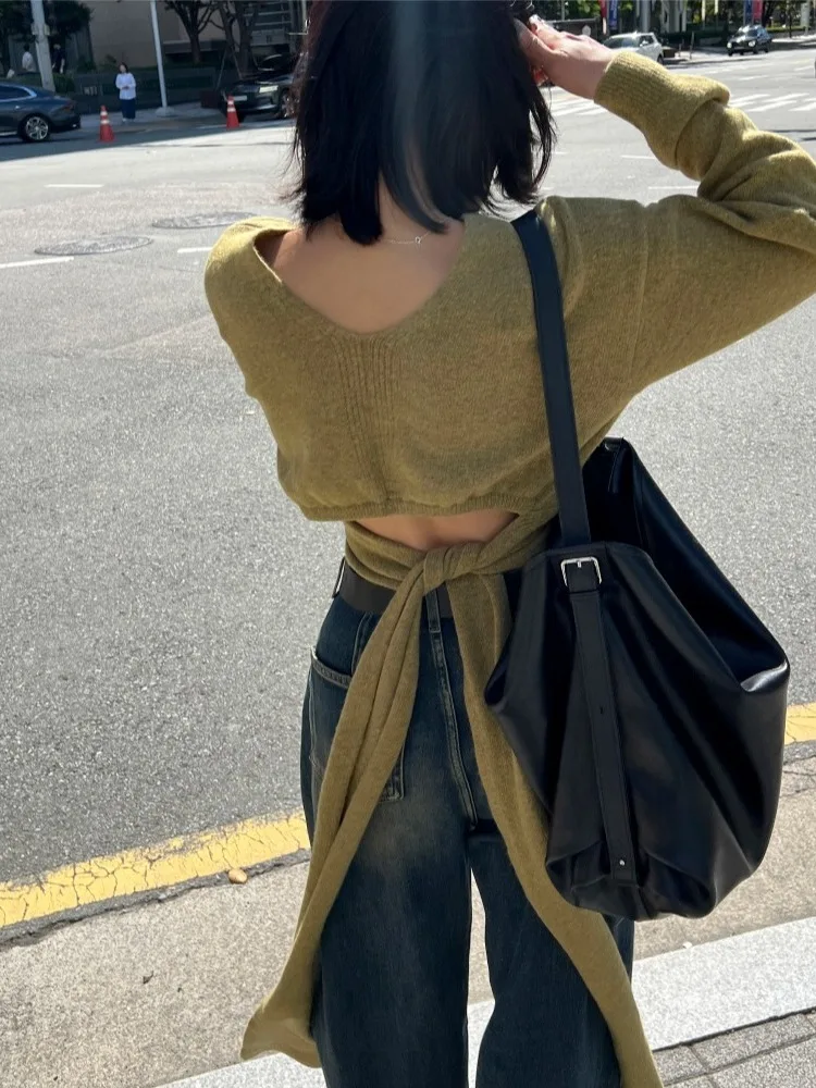 Suéter de punto Chic ort ahuecado con diseño de correa Ba adelgazante para mujer Faion v-ne largo Sve primavera otoño prendas de punto