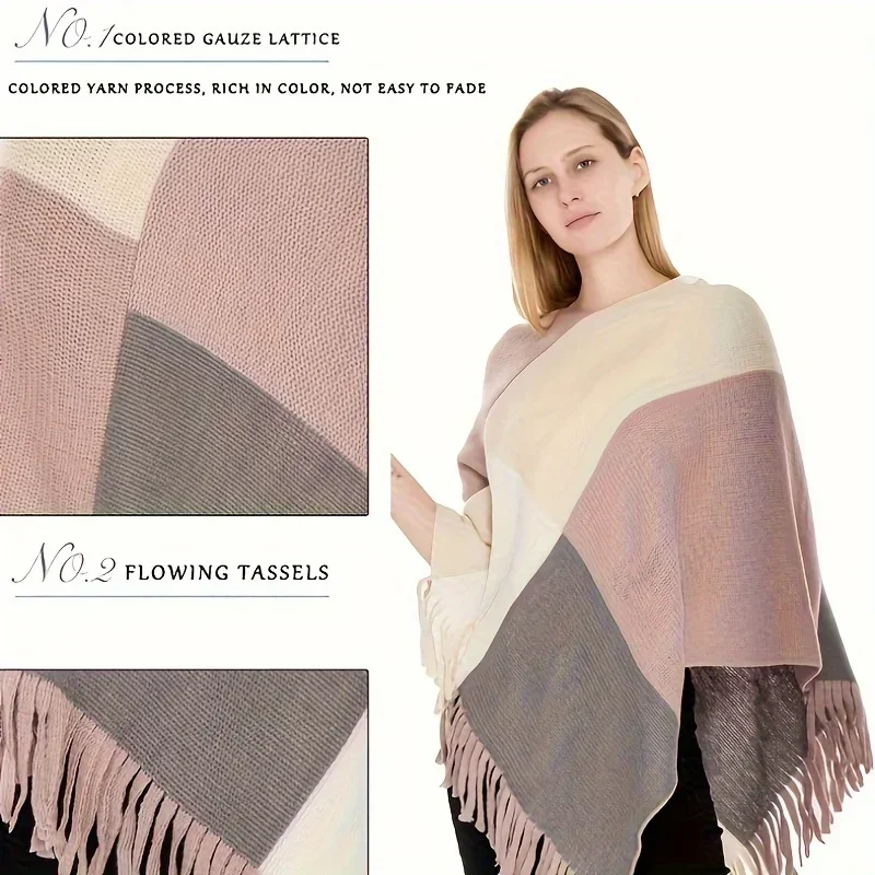 

Большая клетчатая вязаная теплая шаль с цветными блоками, новый пуловер с кисточками в европейском и американском стиле, осенне-зимний плащ