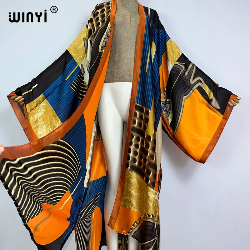 WINYI kimono Africa summer Retro print Bikini Cover-up Elegant fashion Cardigan sexy Holiday long Sleeve silk feeling maxi dress