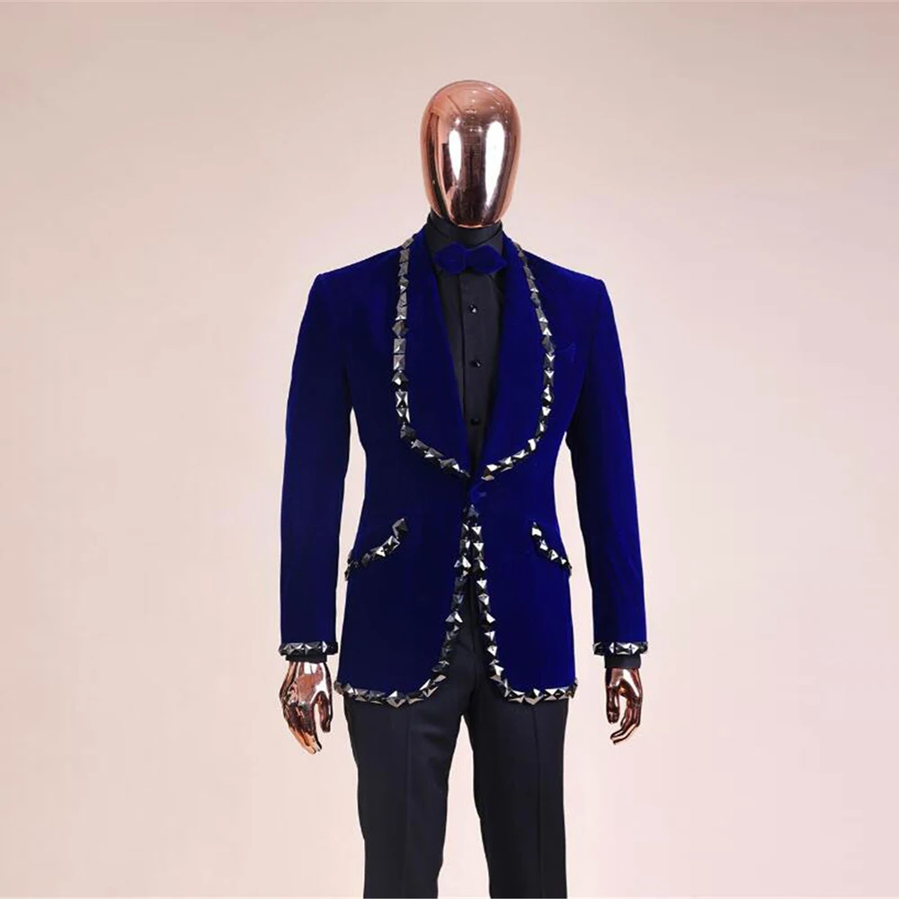 

Royal Man Suits For Wedding Blue Velvet Beaded Prom Blazer Tailore Made 2 Pieces Groom Wear Men's Tuxedos Banquet Prom Blazer