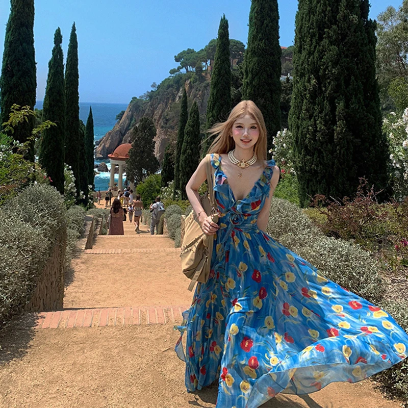 

MEXZT Vintage Floral Midi Dress Women Vacation Beach Sexy V Neck Print Dresses Summer Elegant Spaghetti Strap Bodycon Vestidos