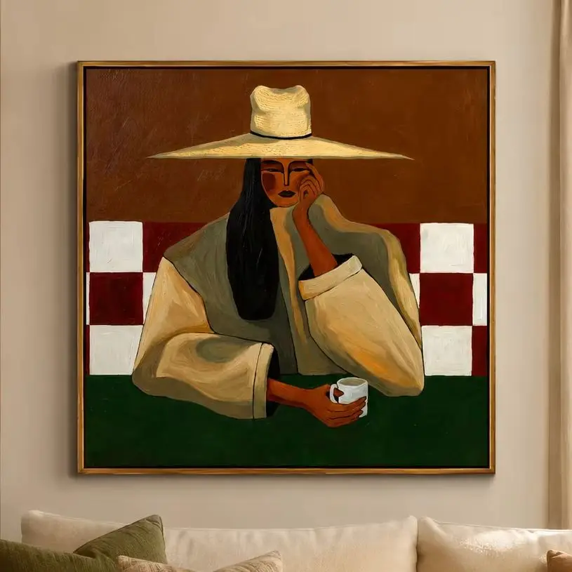 Morning Check – Woman with Coffee at Checkered Table Painting High‑Grade Home Decoration Artwork for Bedroom, Living Room,Office