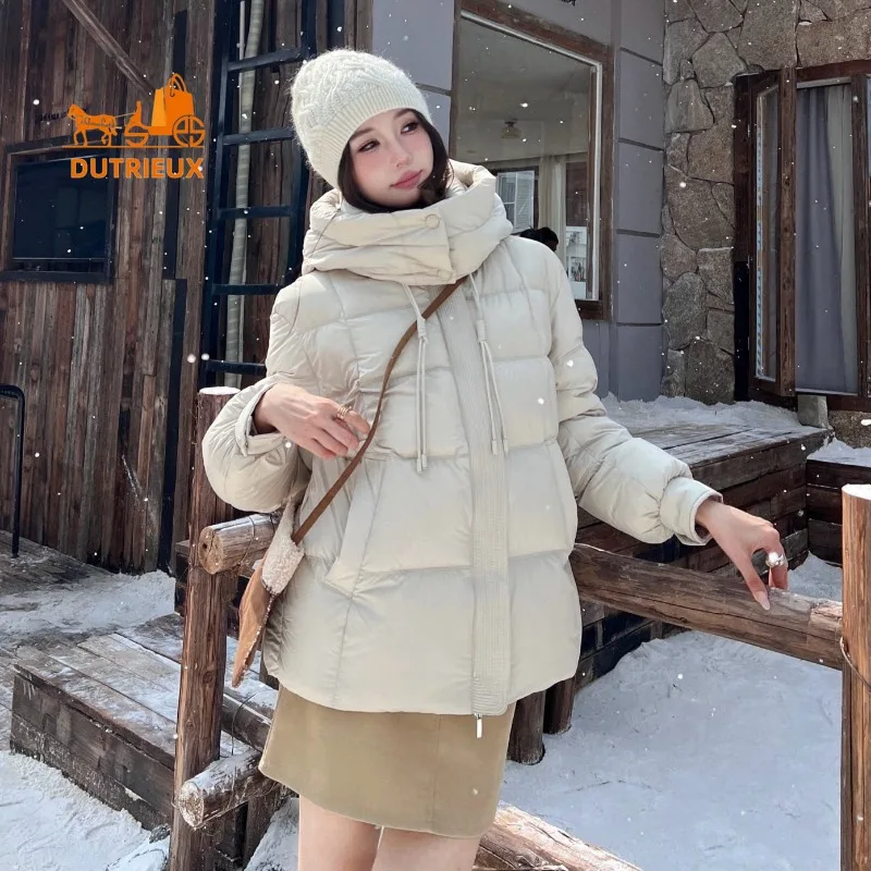 2025 inverno solto removível com capuz jaqueta de comprimento médio para mulher, 90% pato branco para baixo moda quente e casaco elegante para mulher