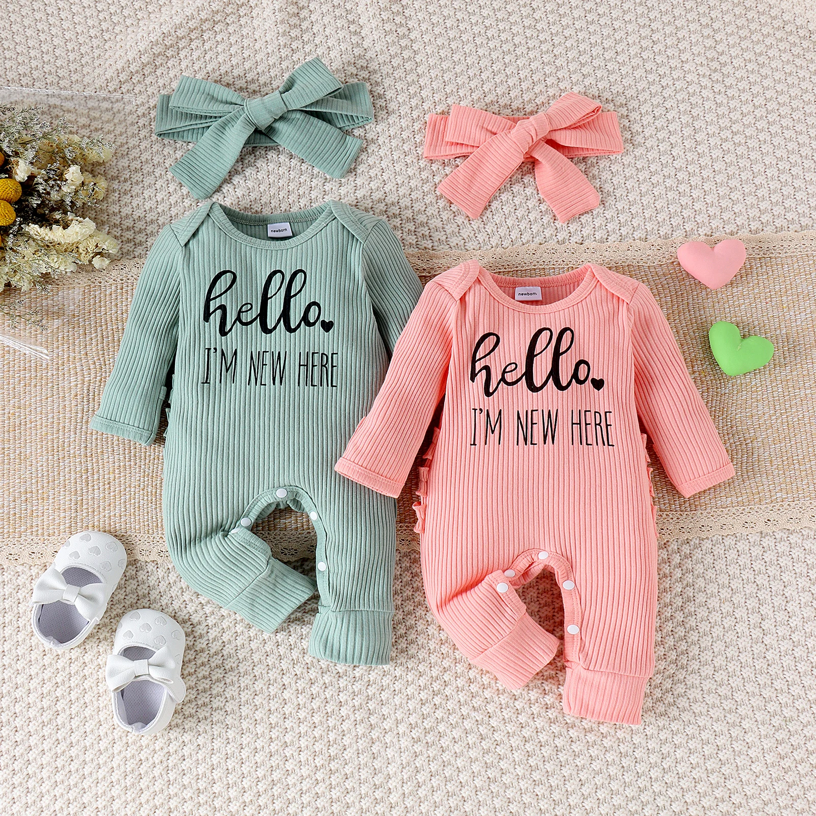 

2PCS Cross-border autumn and winter new girl baby 0-1 month old sweet and cute IM NEW HERE letter long-sleeved jumpsuit