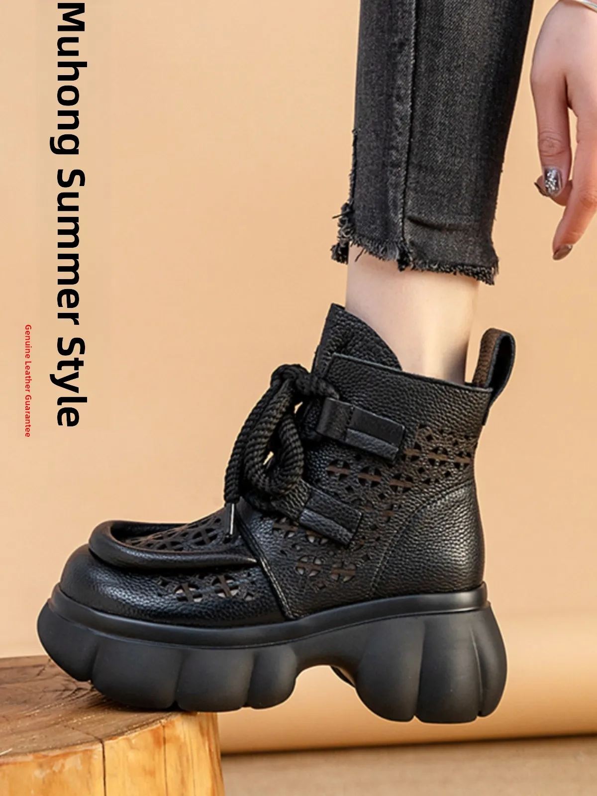 Leather Upgraded Version Spring Summer High Top Women's Shoes Breathable Hollow out Design Thick Heel Trendy Ethnic Style San...